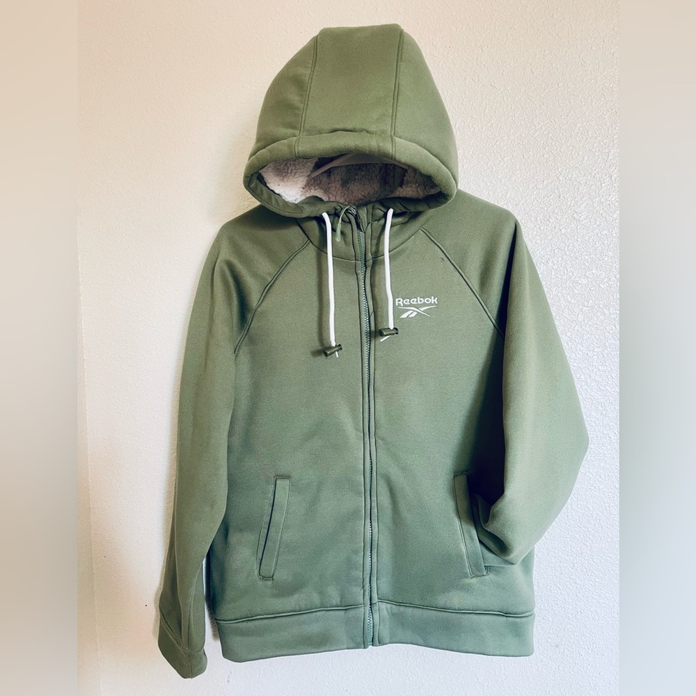 Reebok Womens Sz M Full Zip Hoodie Sweatshirt Fleece Lined Pockets Green